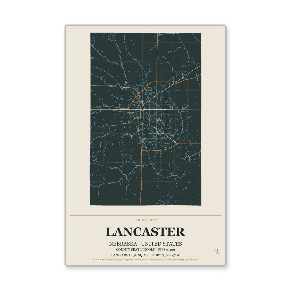 Lancaster County, Nebraska Map Aluminum Sign in Headline Atlas style