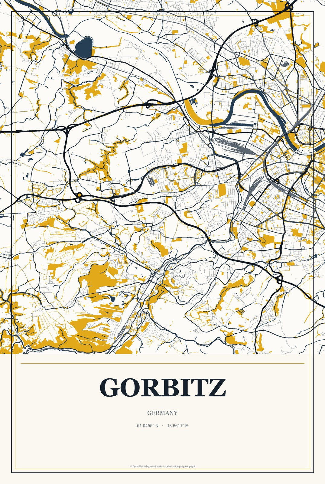 Gorbitz, Germany City Map Aluminum Sign in Citrine Modern style