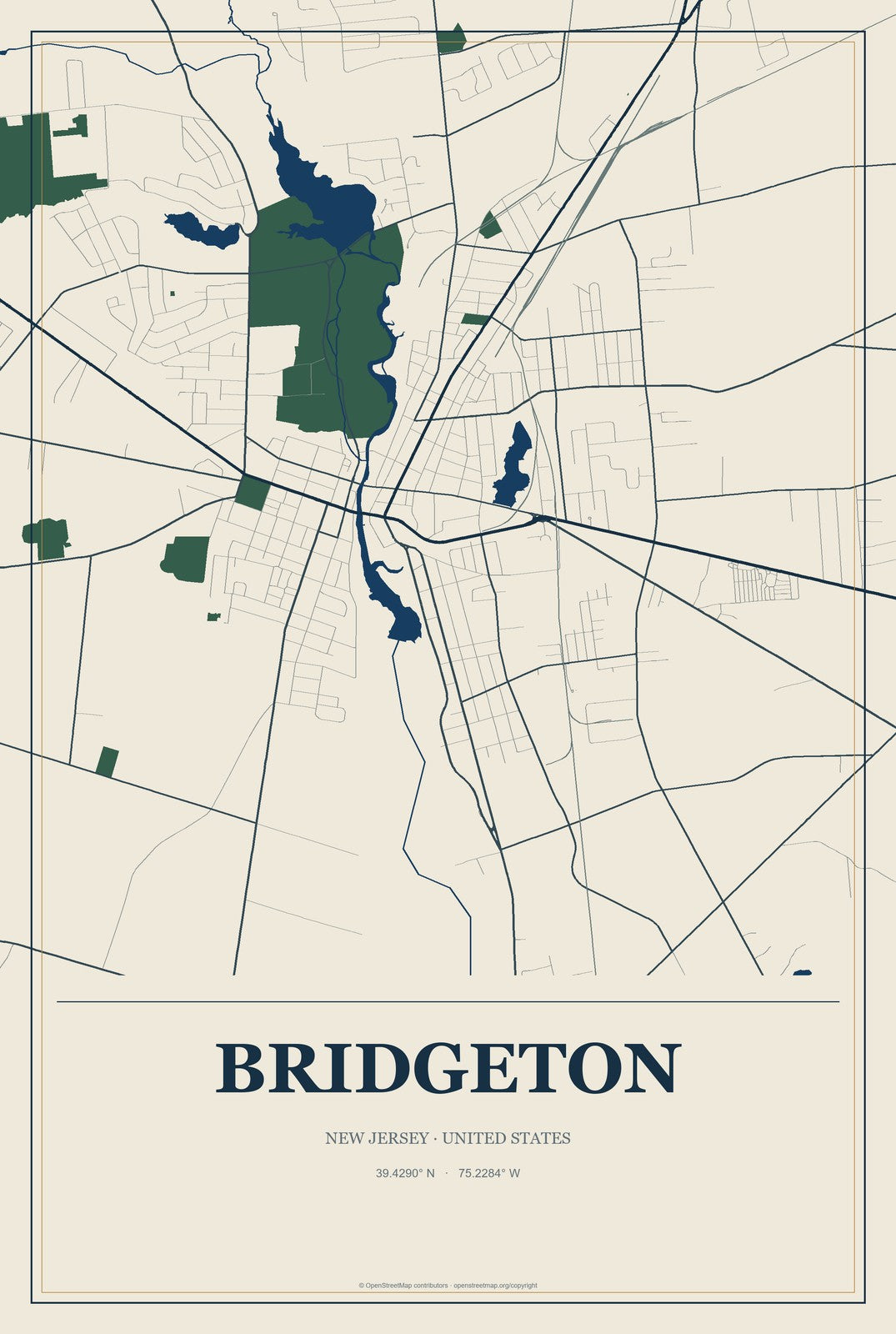 Bridgeton, New Jersey City Map Aluminum Sign in Coastal Cutout style