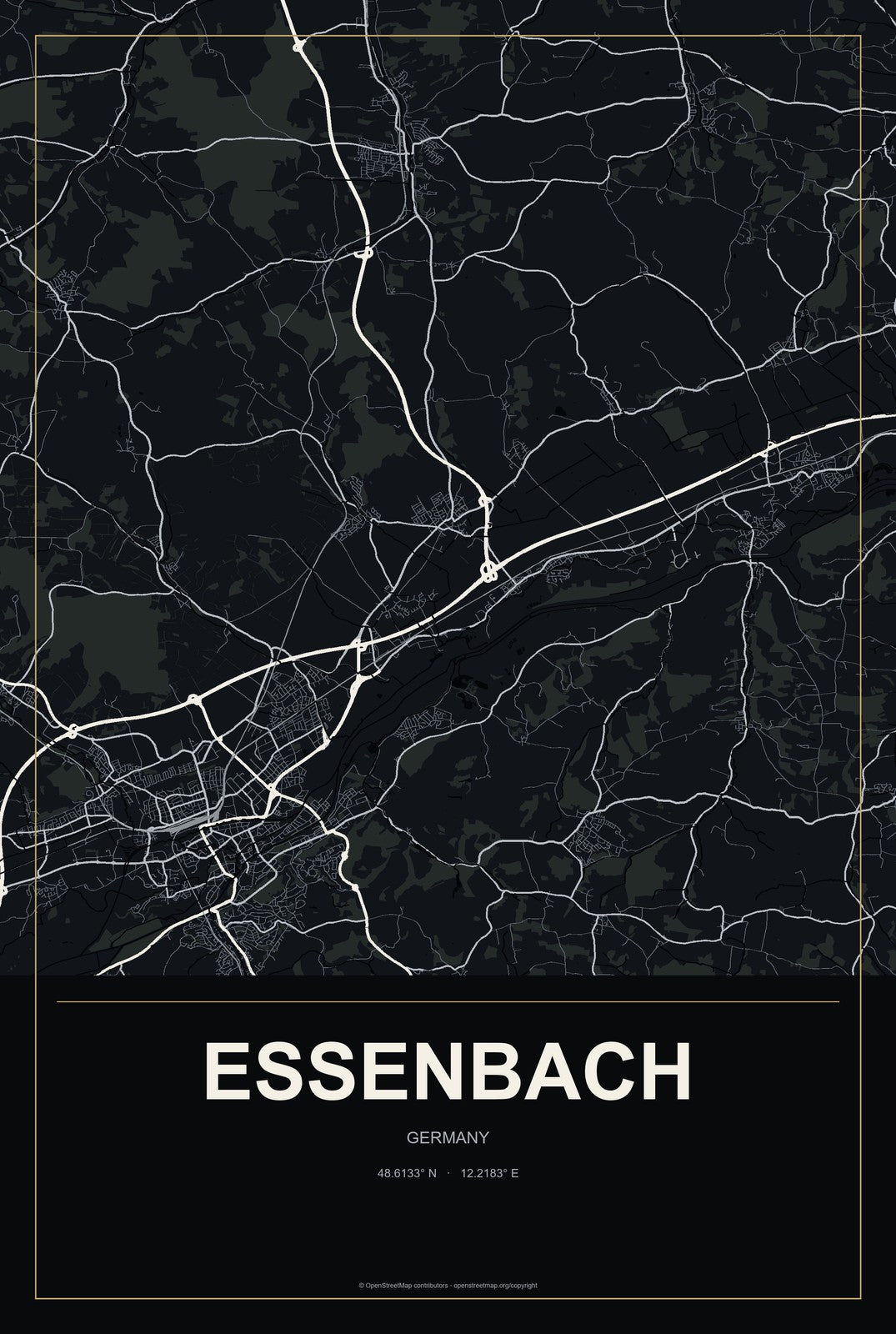 Essenbach, Germany City Map Aluminum Sign in Metropolitan Noir style