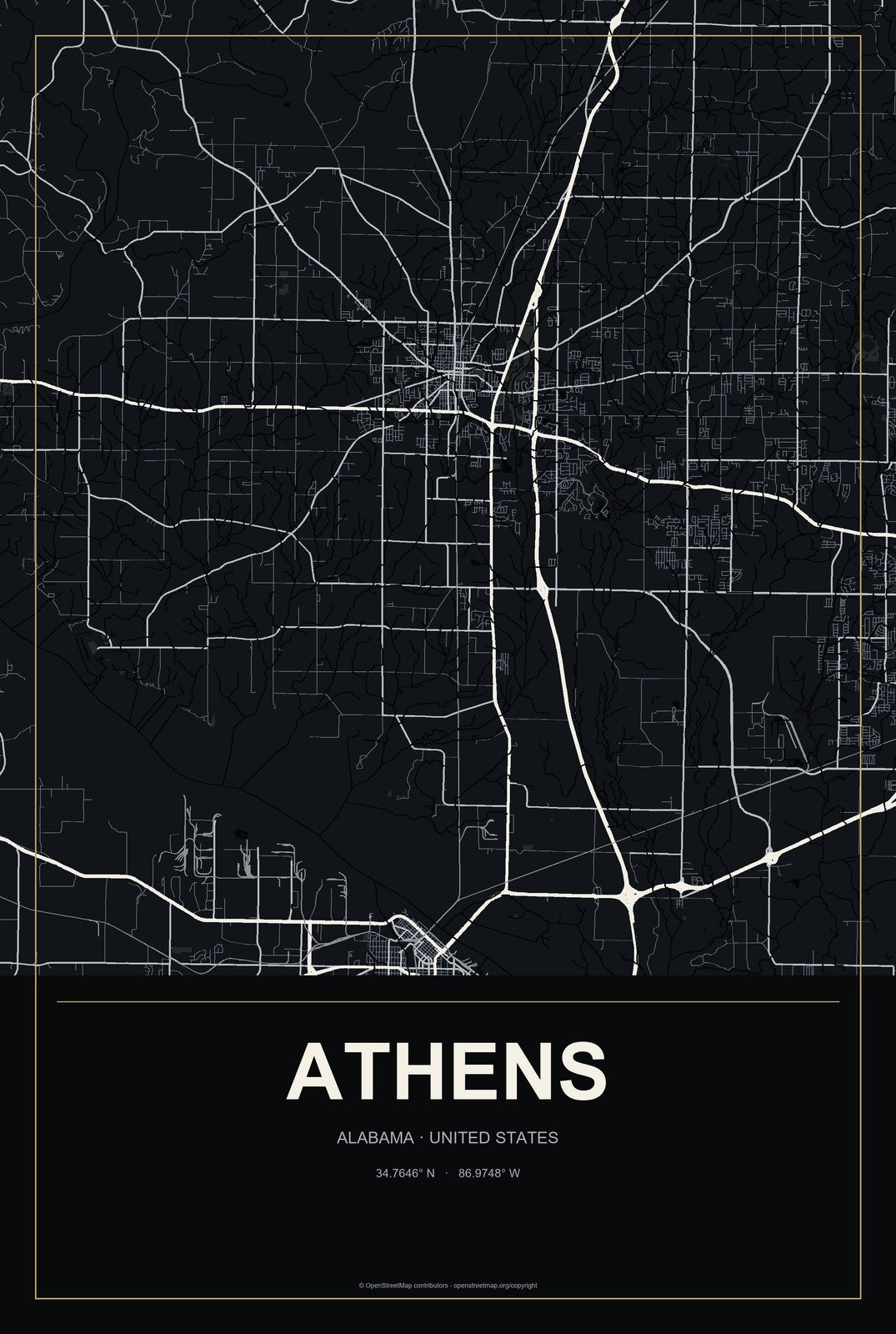 Athens, Alabama City Map Aluminum Sign in Metropolitan Noir style