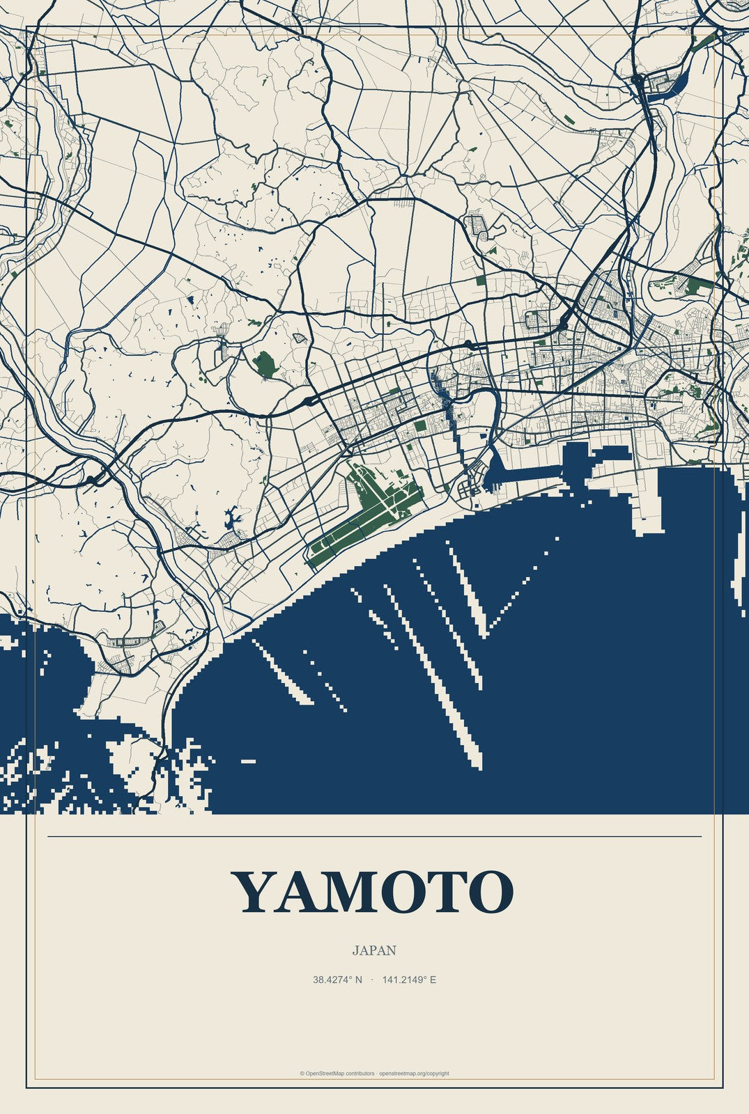 Yamoto, Japan City Map Aluminum Sign in Coastal Cutout style