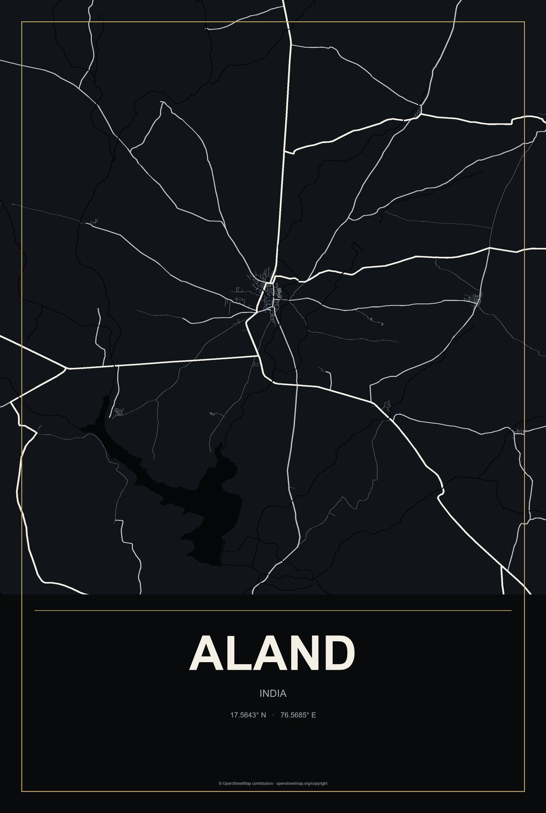 Aland, India City Map Aluminum Sign in Metropolitan Noir style