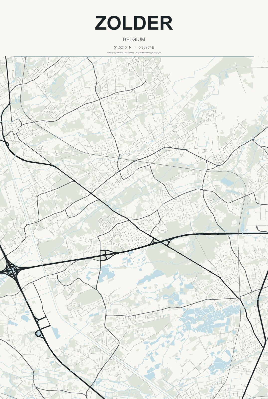 Zolder, Belgium City Map Aluminum Sign in Headline Atlas style
