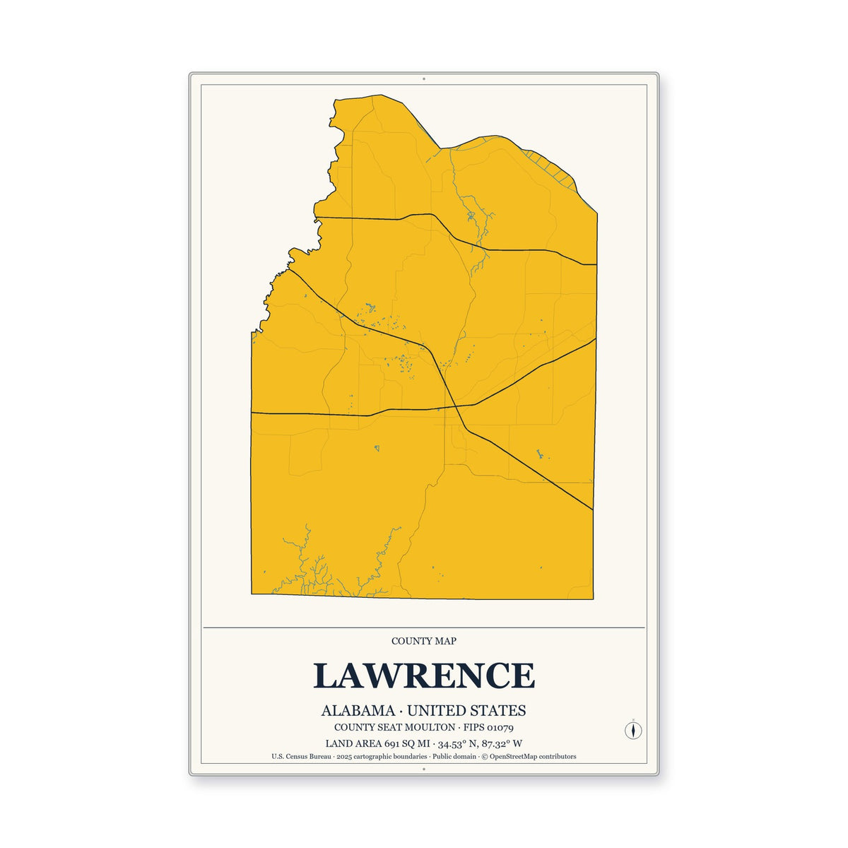 Lawrence County, Alabama Map Aluminum Sign in Citrine Modern style