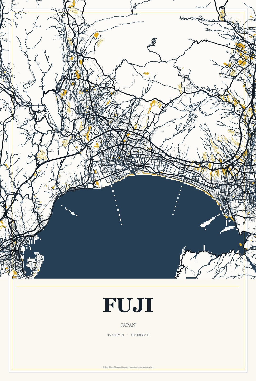 Fuji, Japan City Map Aluminum Sign in Citrine Modern style