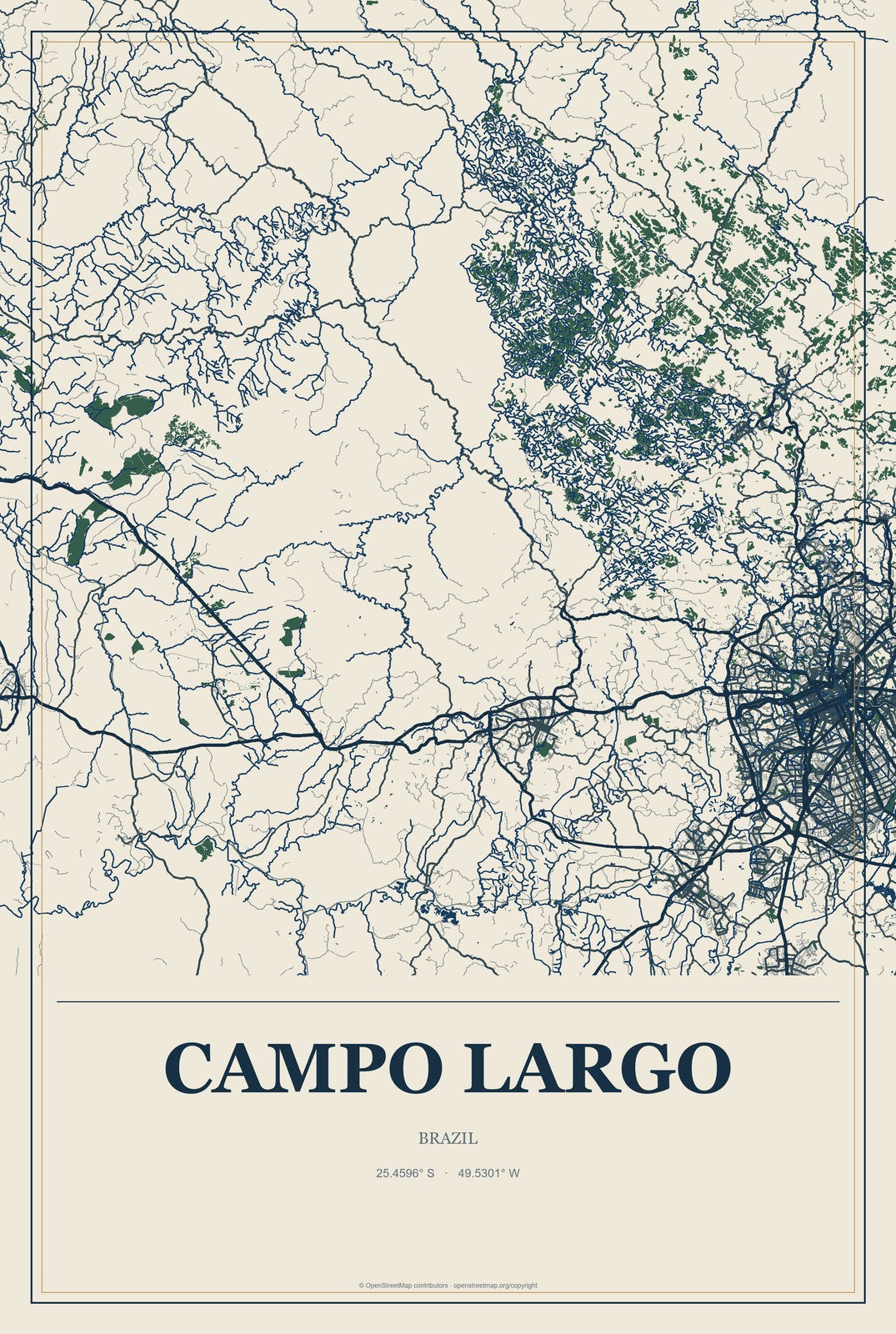 Campo Largo, Brazil City Map Aluminum Sign in Coastal Cutout style