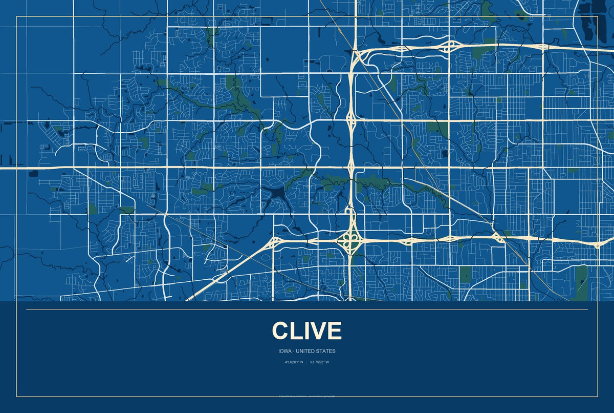 Clive, Iowa City Map Aluminum Sign in Harbor Cobalt style