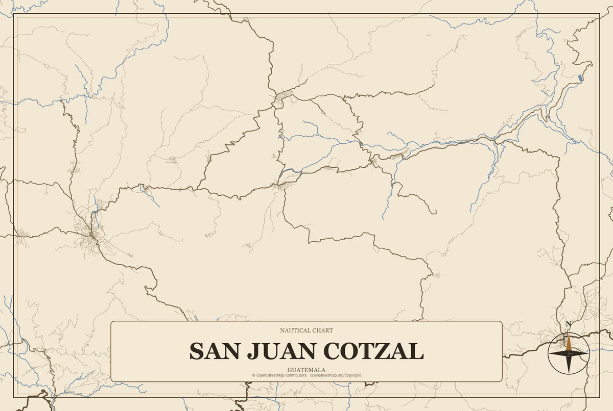 San Juan Cotzal, Guatemala City Map Aluminum Sign in Heritage Nautical style