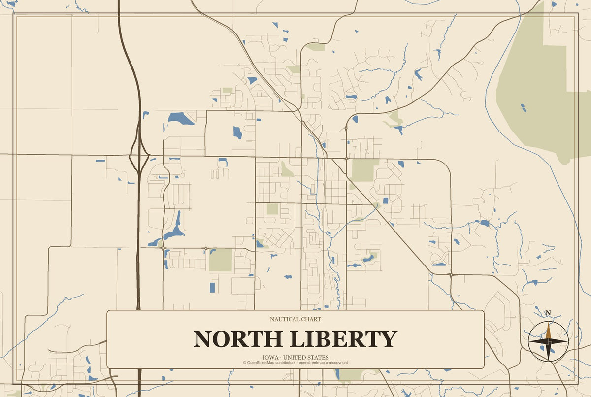 North Liberty, Iowa City Map Aluminum Sign in Heritage Nautical style