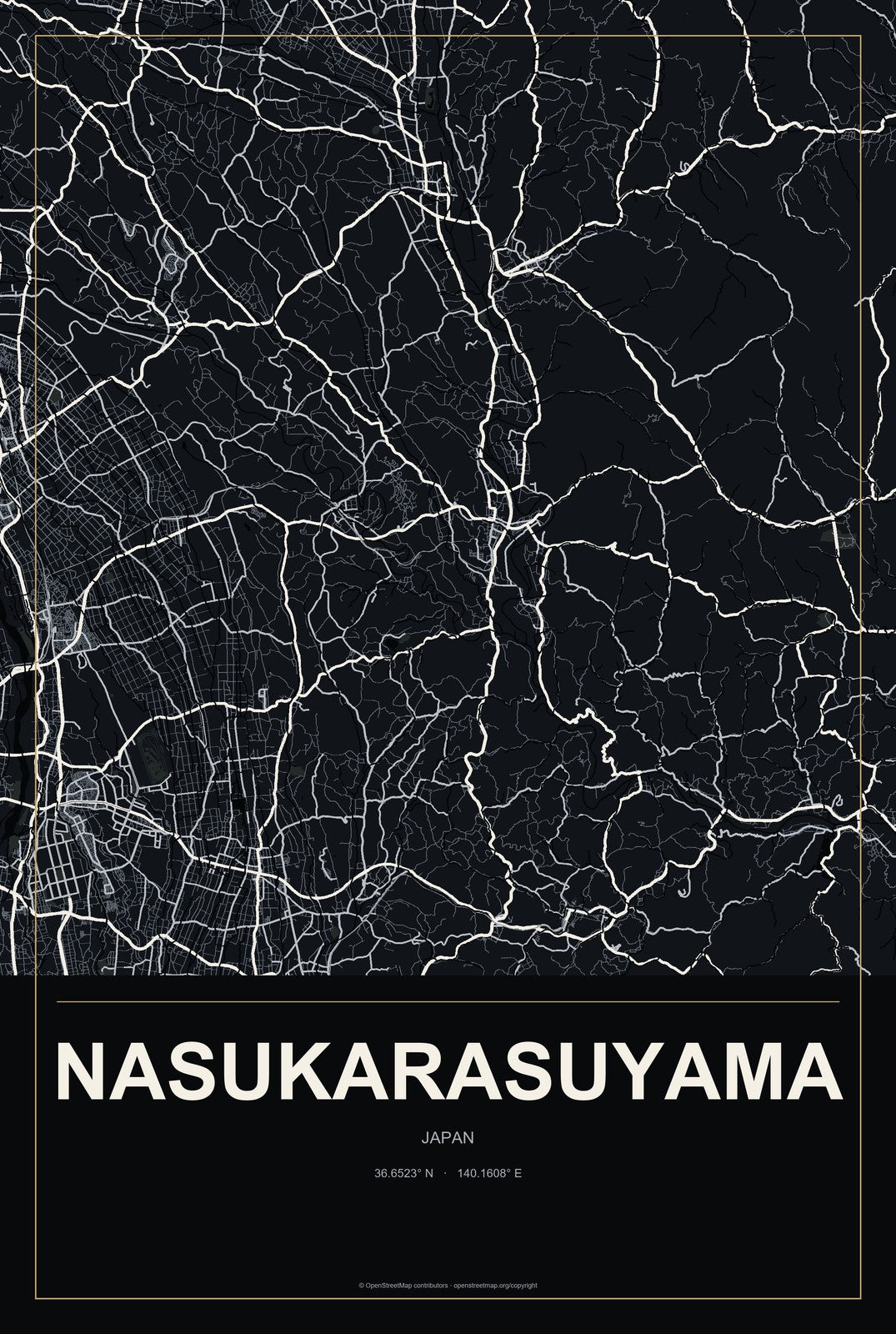 Nasukarasuyama, Japan City Map Aluminum Sign in Metropolitan Noir style
