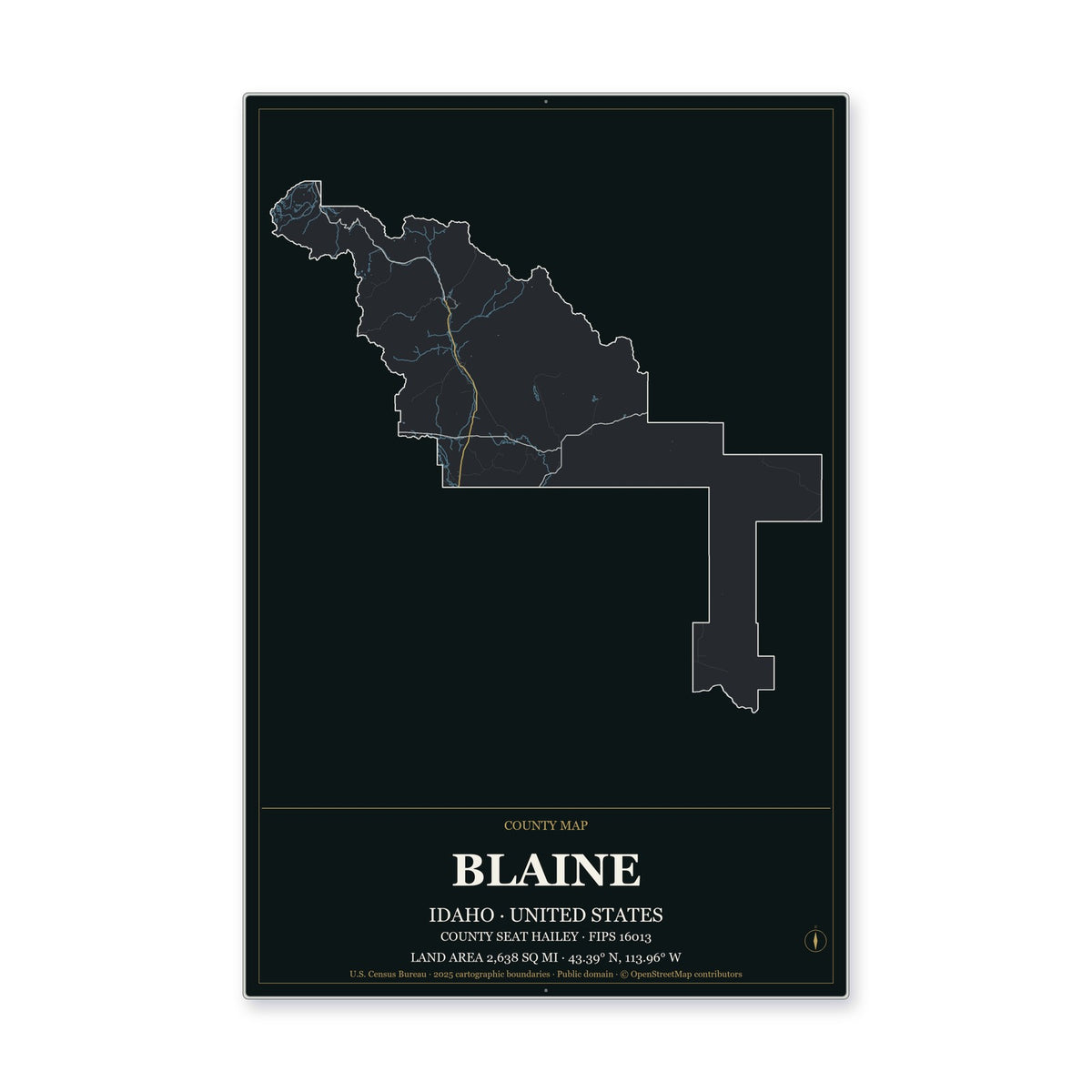 Blaine County, Idaho Map Aluminum Sign in Metropolitan Noir style