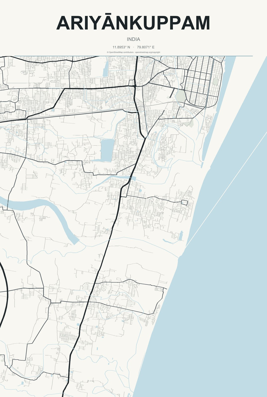 Ariyānkuppam, India City Map Aluminum Sign in Headline Atlas style