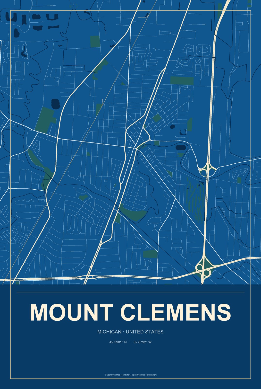 Mount Clemens, Michigan City Map Aluminum Sign in Harbor Cobalt style