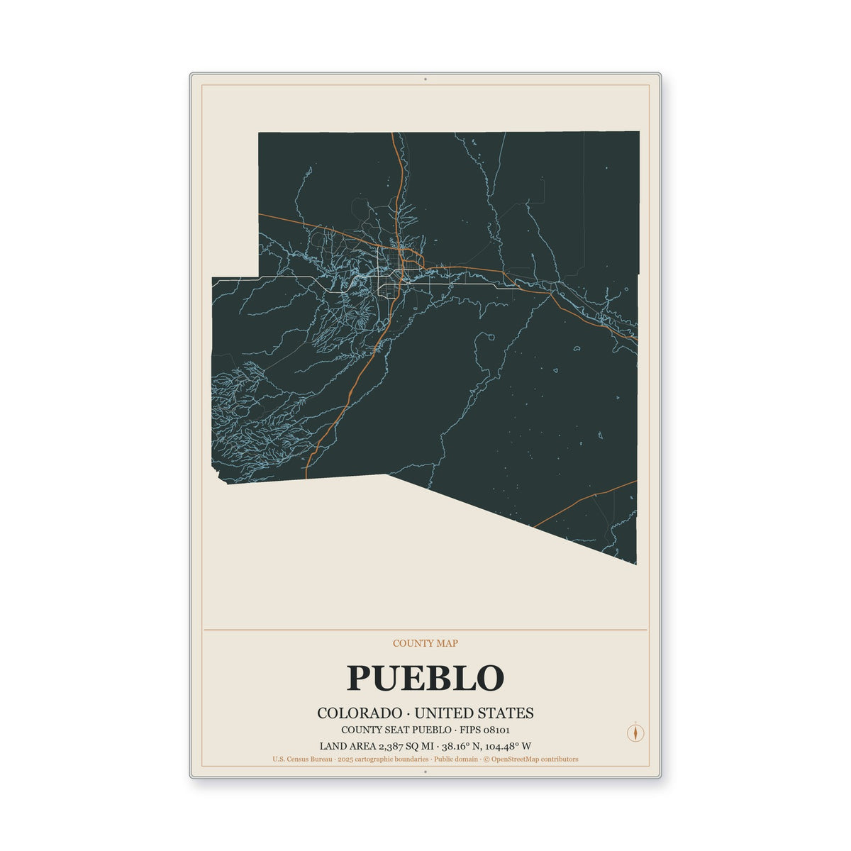 Pueblo County, Colorado Map Aluminum Sign in Headline Atlas style