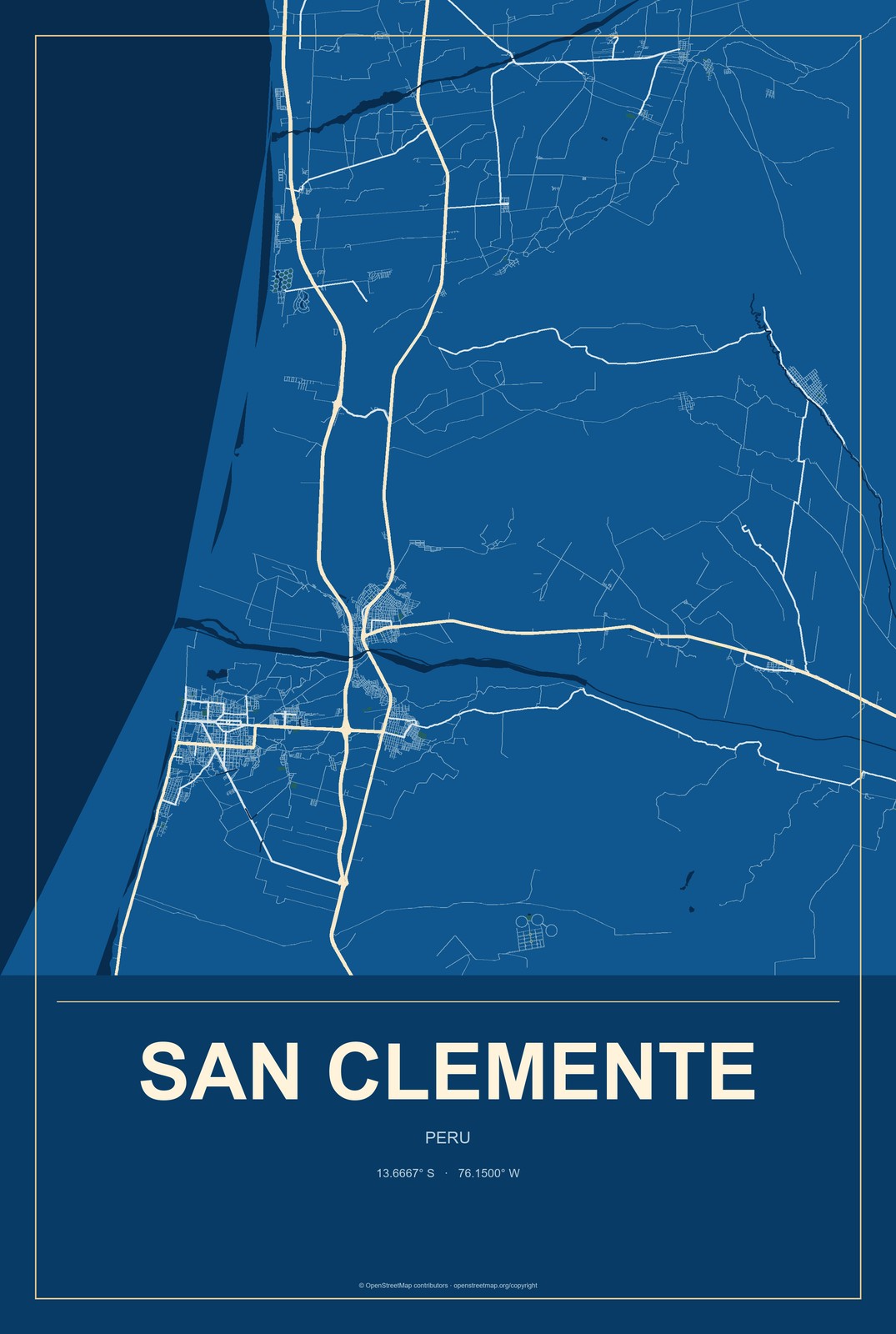 San Clemente, Peru City Map Aluminum Sign in Harbor Cobalt style