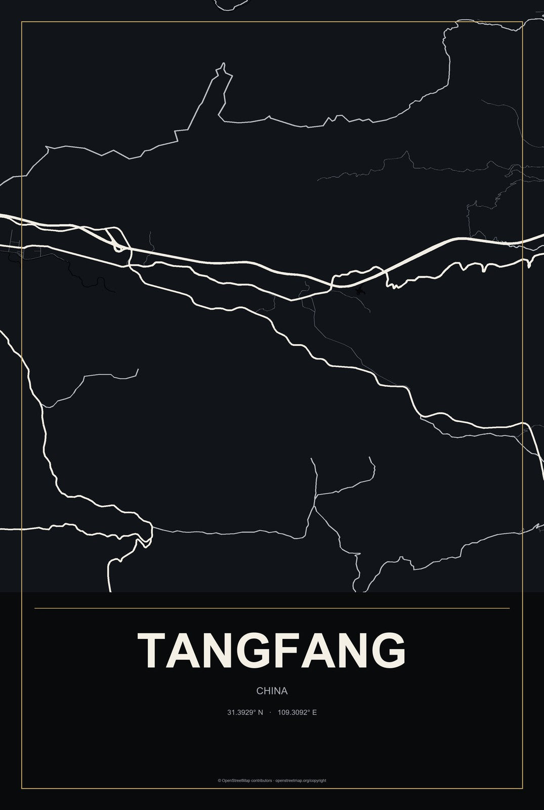 Tangfang, China City Map Aluminum Sign in Metropolitan Noir style
