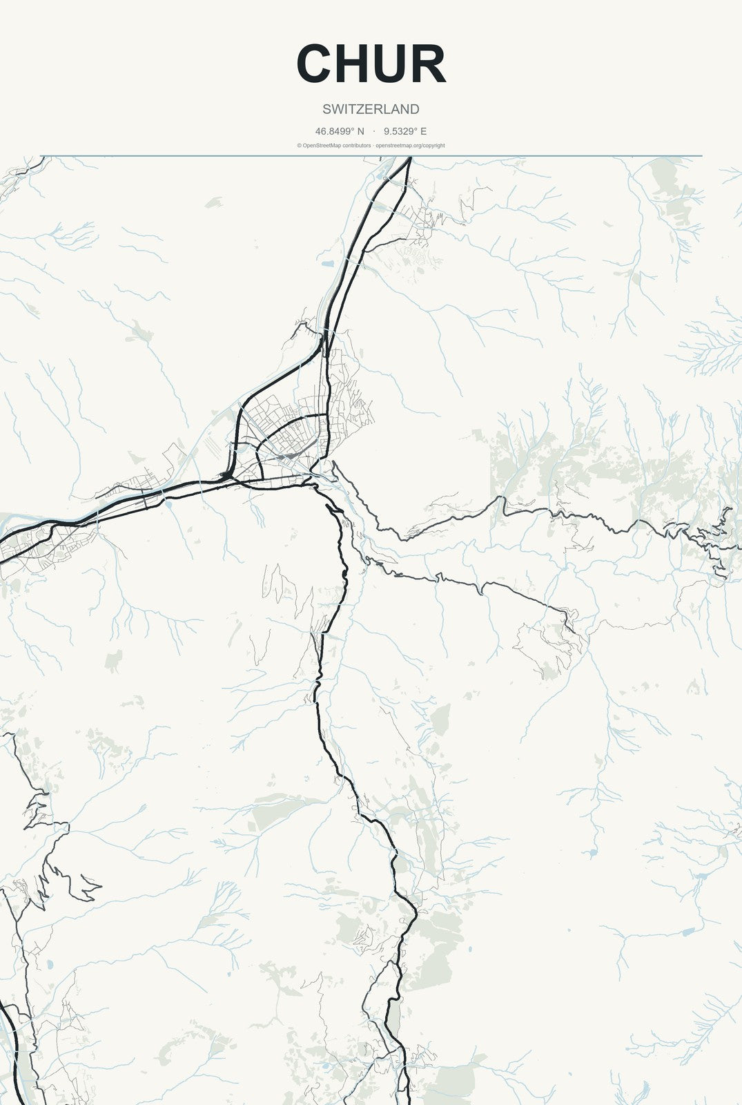 Chur, Switzerland City Map Aluminum Sign in Headline Atlas style