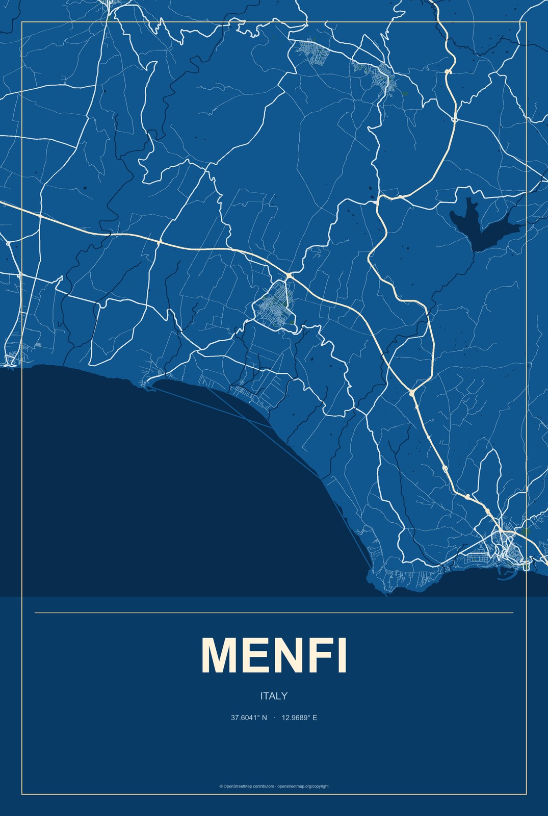 Menfi, Italy City Map Aluminum Sign in Harbor Cobalt style
