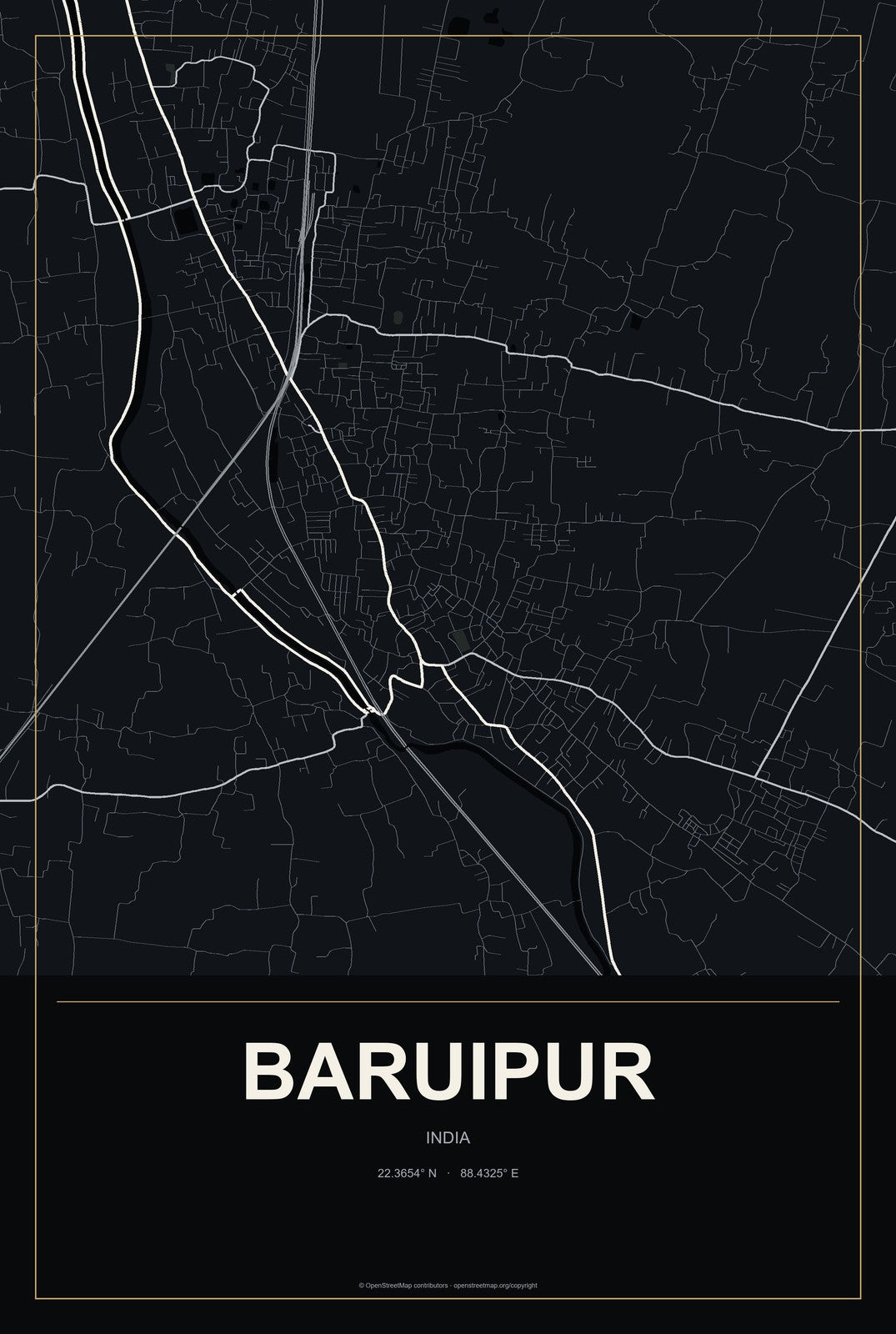 Baruipur, India City Map Aluminum Sign in Metropolitan Noir style