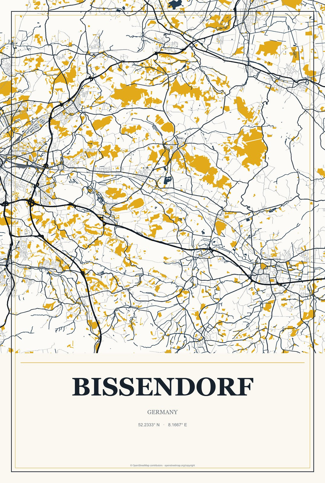 Bissendorf, Germany City Map Aluminum Sign in Citrine Modern style