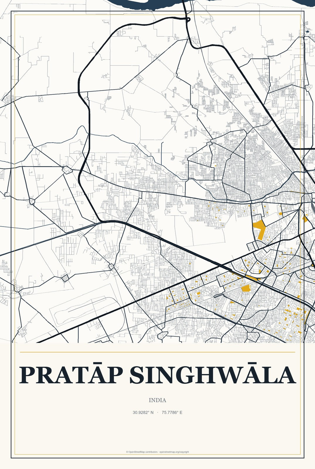 Pratāp Singhwāla, India City Map Aluminum Sign in Citrine Modern style