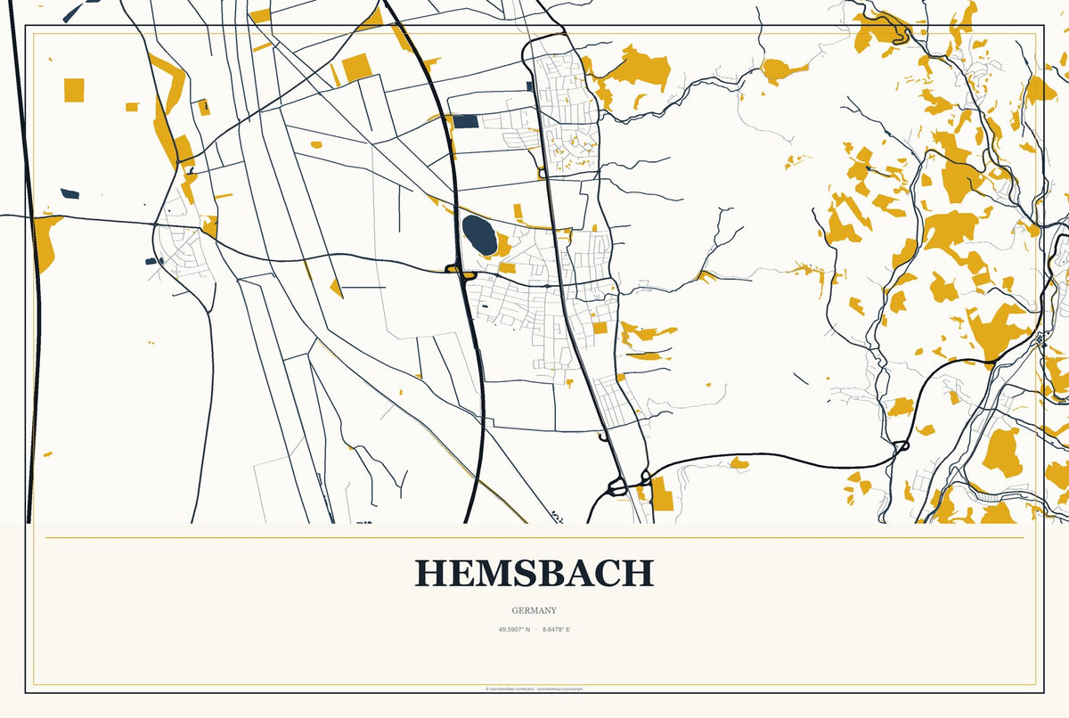 Hemsbach, Germany City Map Aluminum Sign in Citrine Modern style