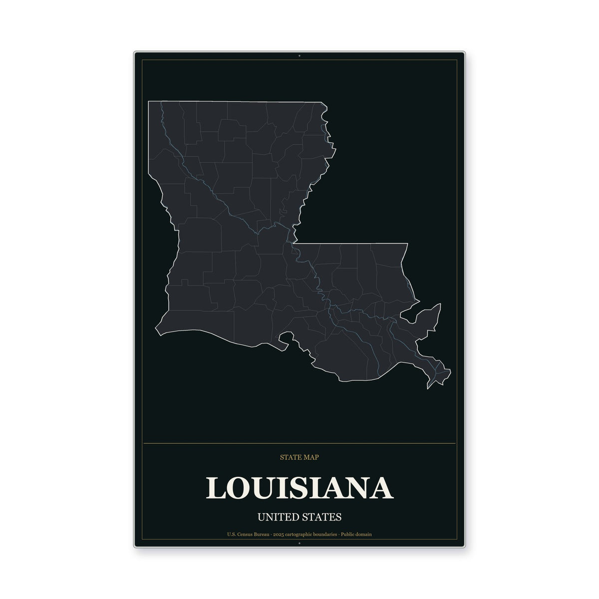 Louisiana state map aluminum sign in Metropolitan Noir style