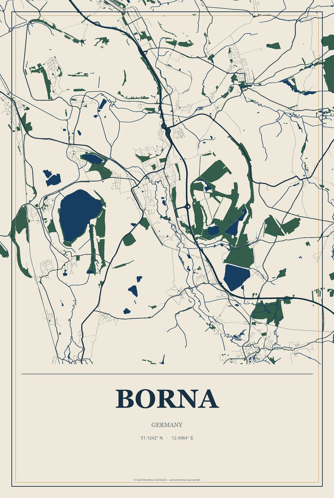 Borna, Germany City Map Aluminum Sign in Coastal Cutout style