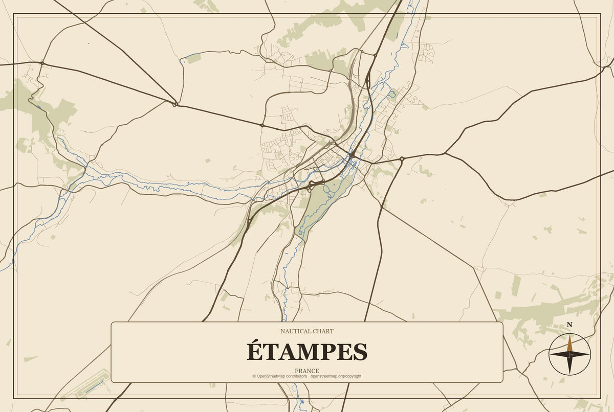 Étampes, France City Map Aluminum Sign in Heritage Nautical style