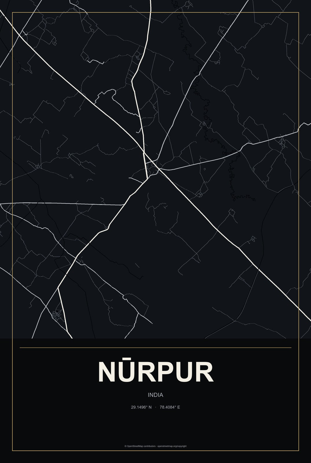 Nūrpur, India City Map Aluminum Sign in Metropolitan Noir style