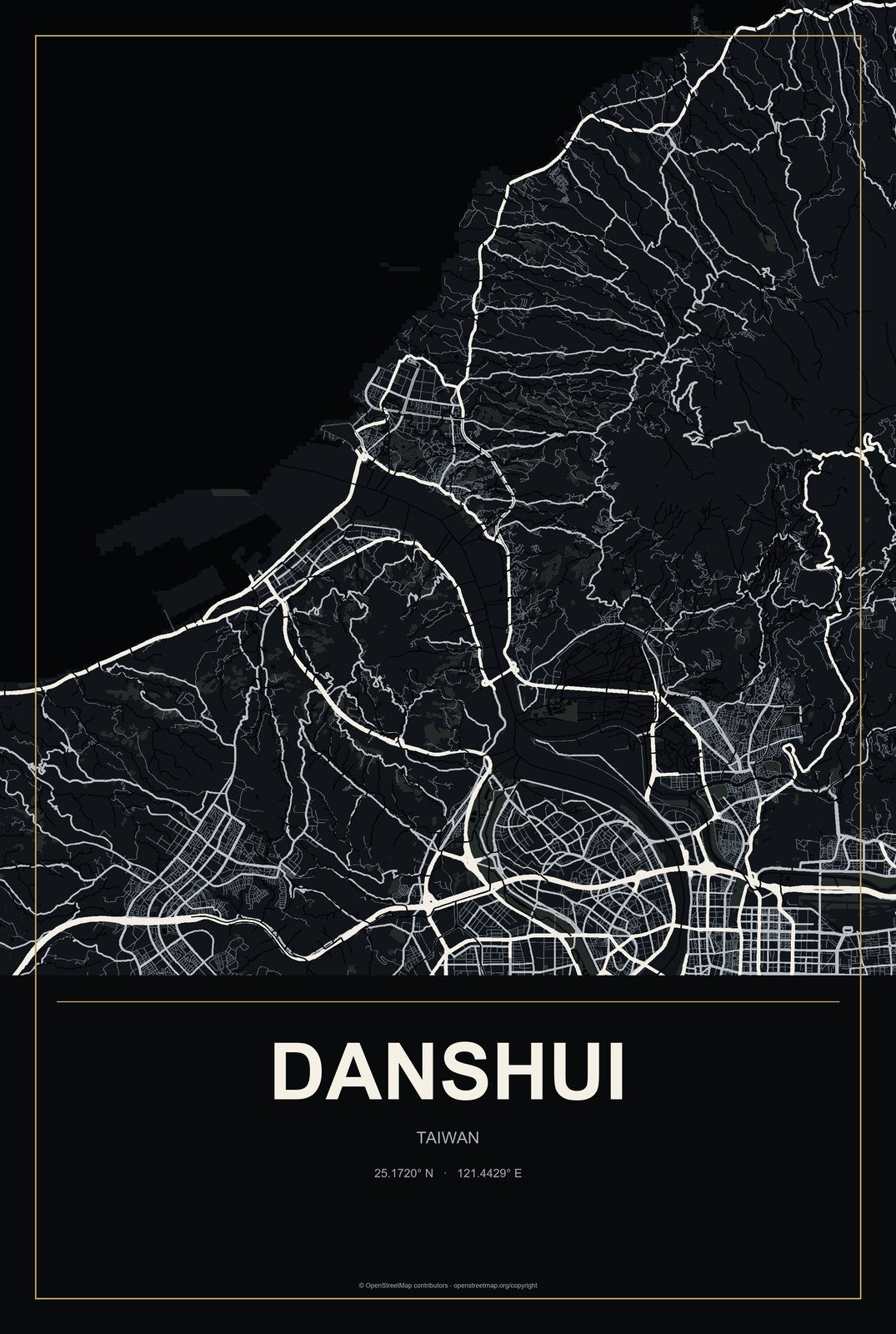 Danshui, Taiwan City Map Aluminum Sign in Metropolitan Noir style