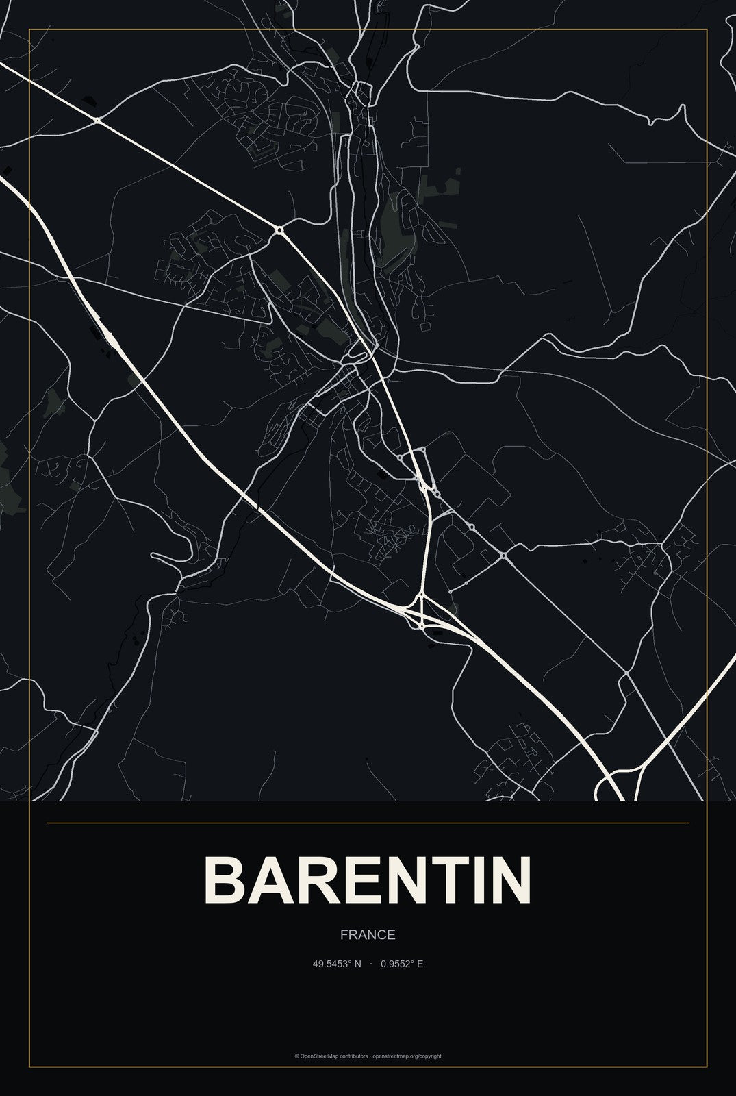Barentin, France City Map Aluminum Sign in Metropolitan Noir style