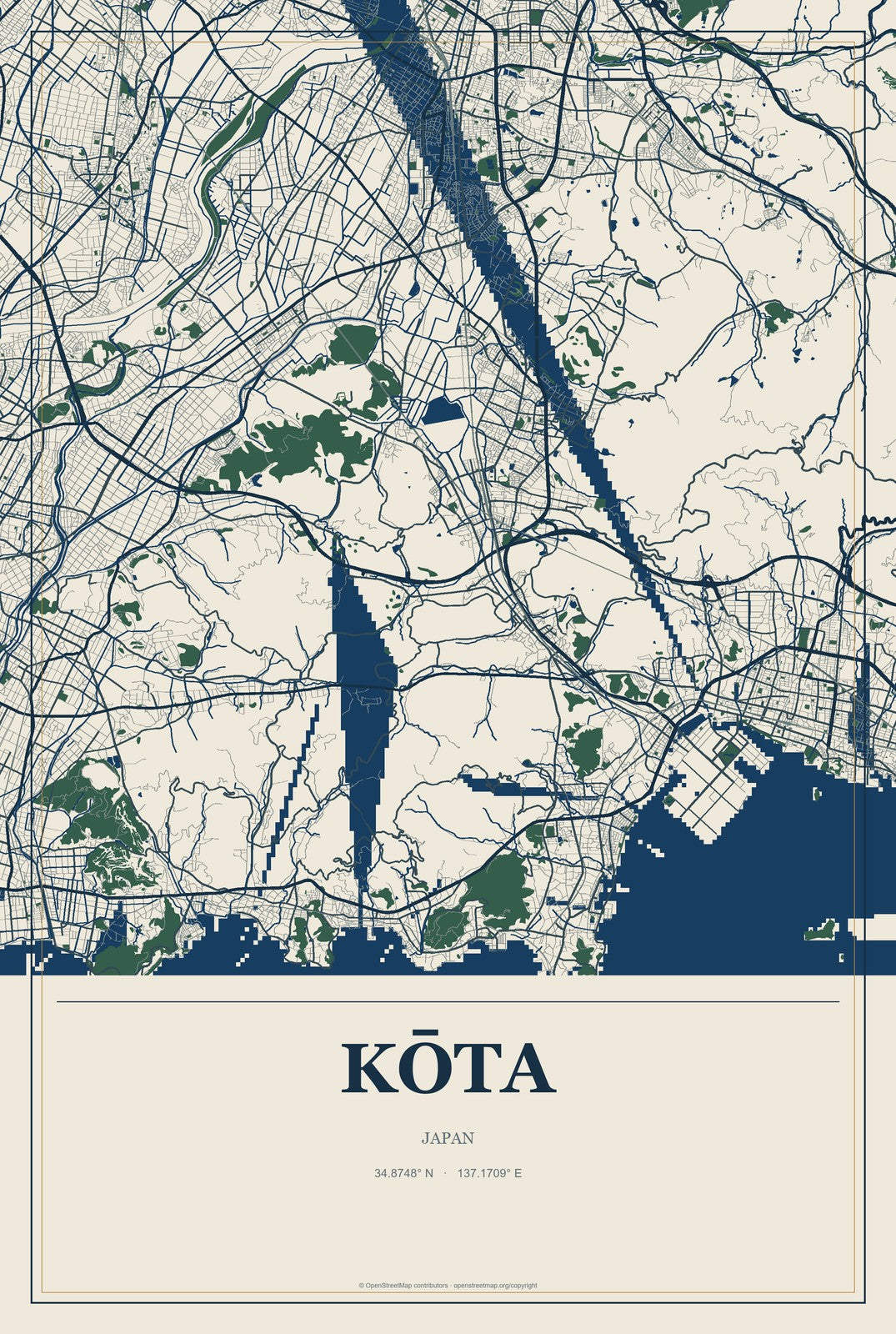 Kōta, Japan City Map Aluminum Sign in Coastal Cutout style
