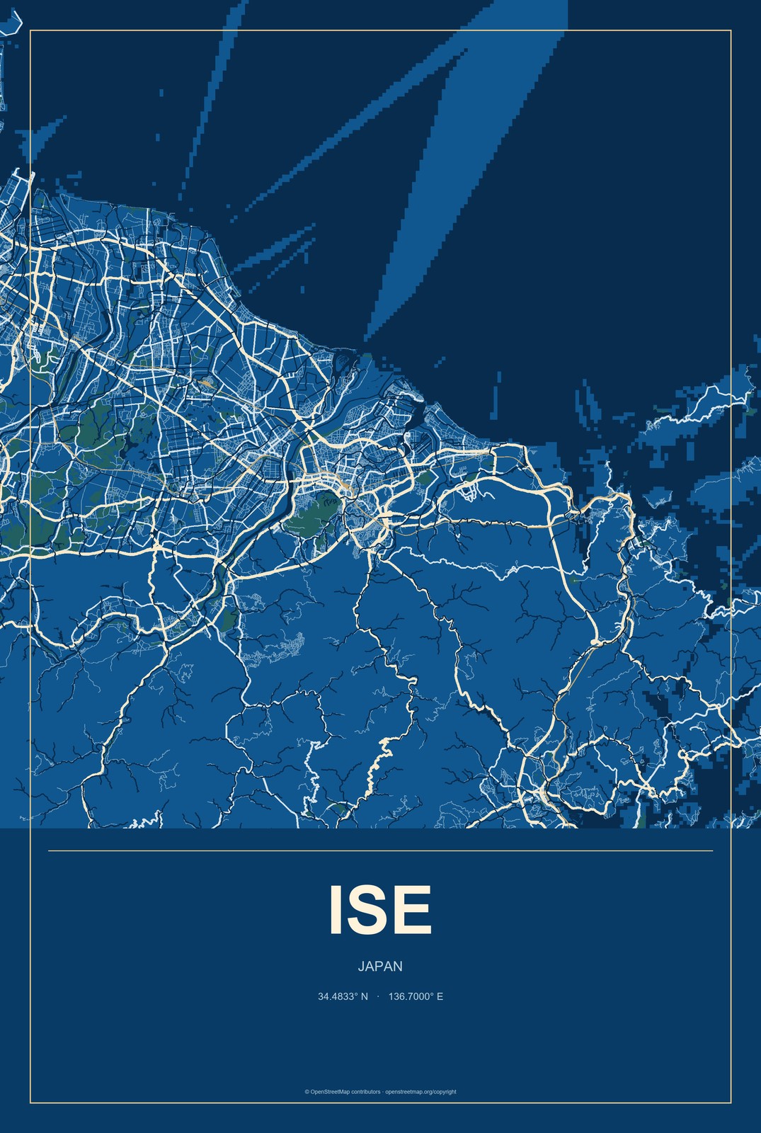 Ise, Japan City Map Aluminum Sign in Harbor Cobalt style