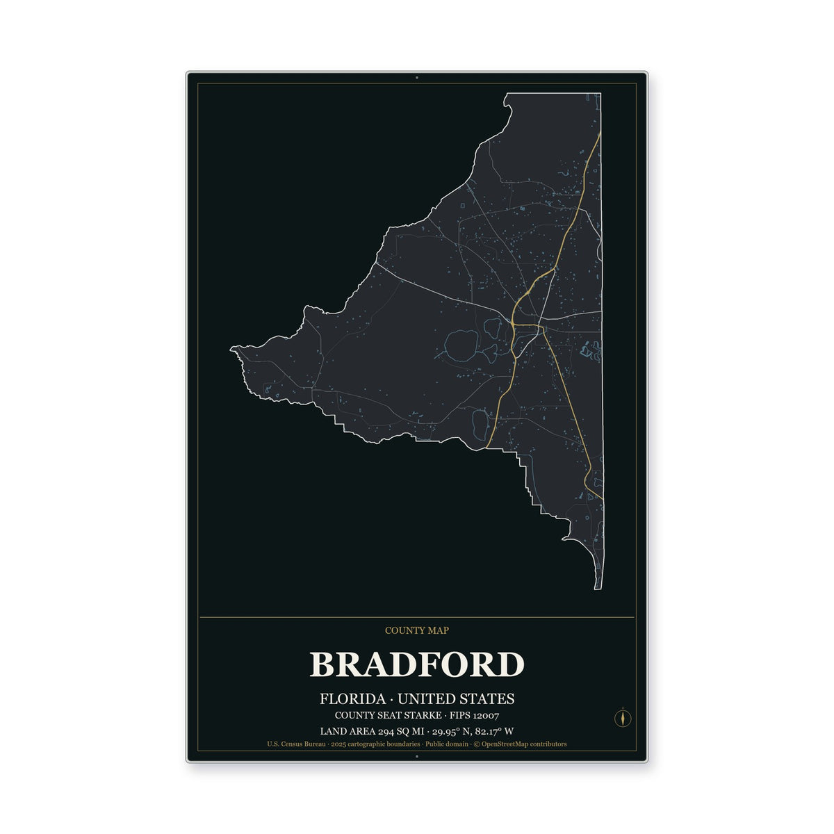 Bradford County, Florida Map Aluminum Sign in Metropolitan Noir style