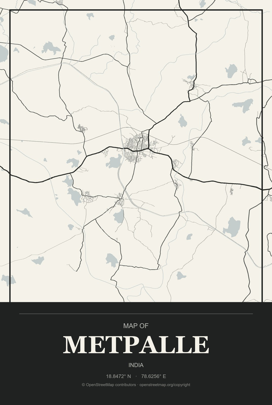 Metpalle, India City Map Aluminum Sign in Museum Plaque style