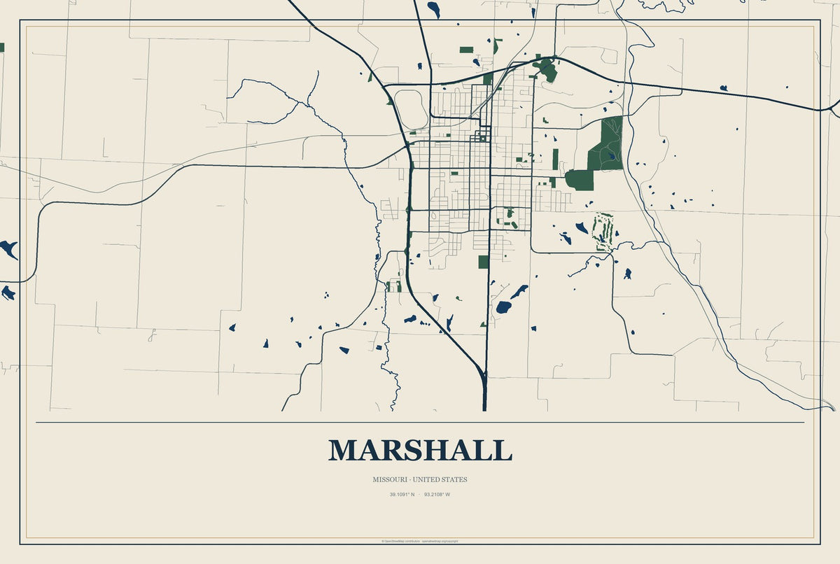Marshall, Missouri City Map Aluminum Sign in Coastal Cutout style