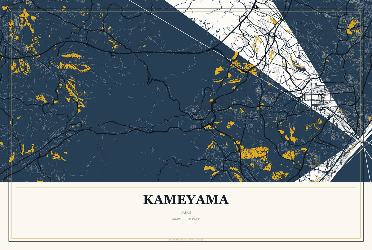 Kameyama, Japan City Map Aluminum Sign in Citrine Modern style