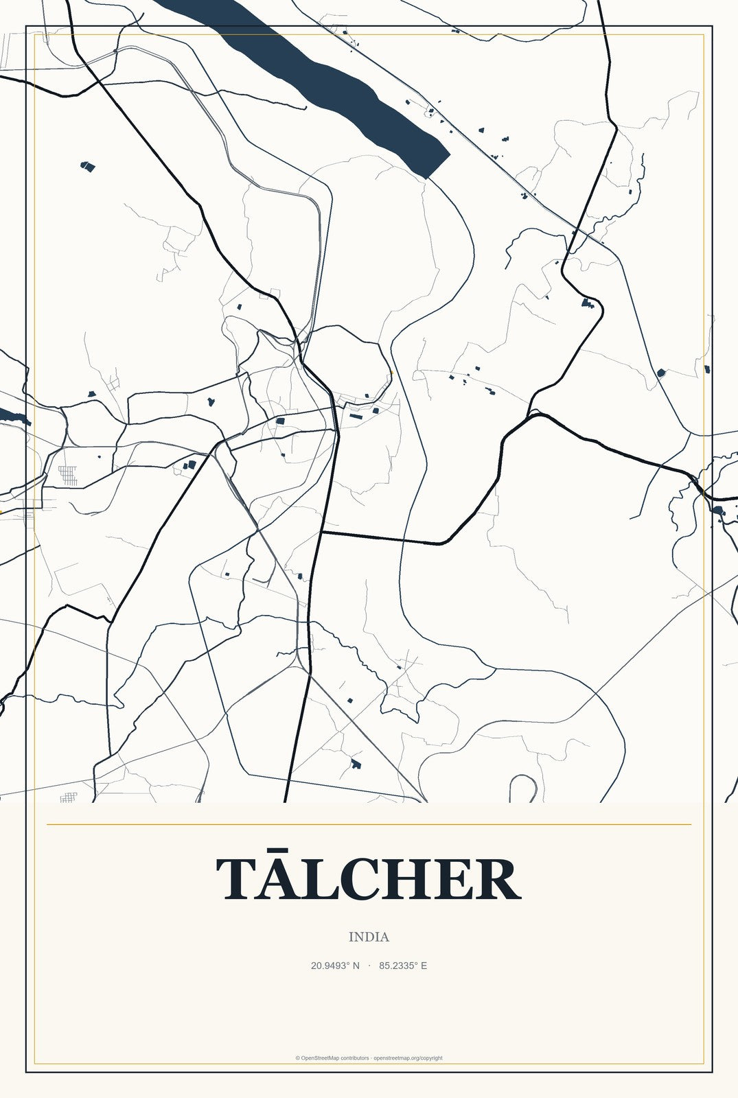 Tālcher, India City Map Aluminum Sign in Citrine Modern style