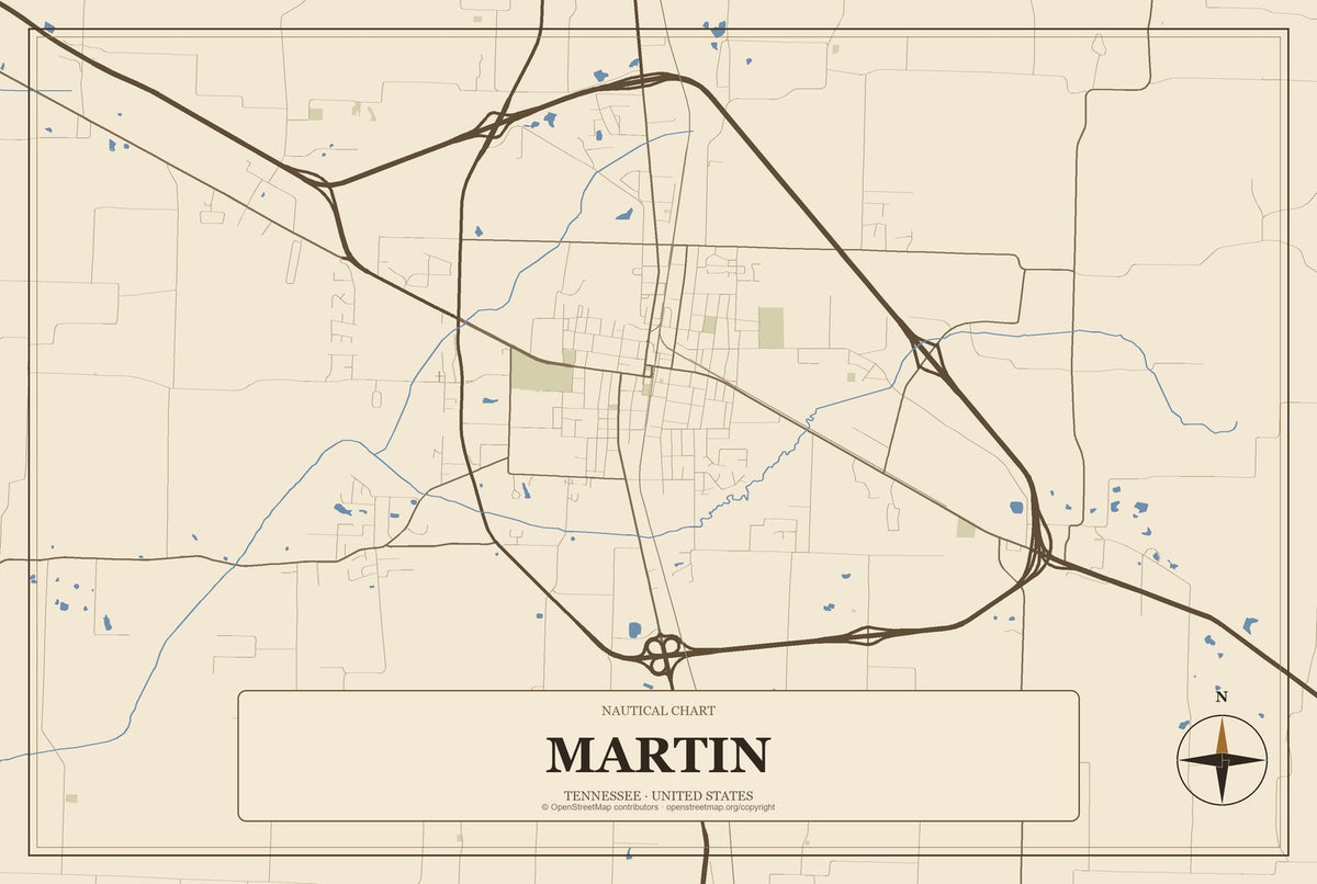 Martin, Tennessee City Map Aluminum Sign in Heritage Nautical style