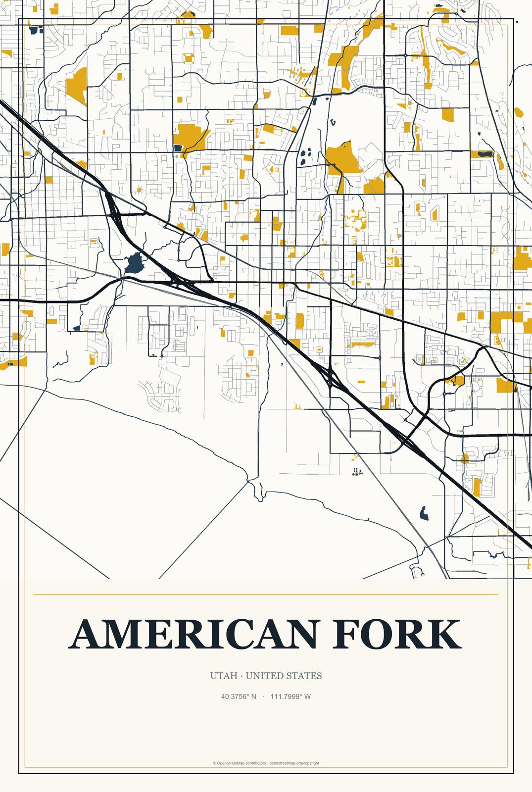 American Fork, Utah City Map Aluminum Sign in Citrine Modern style