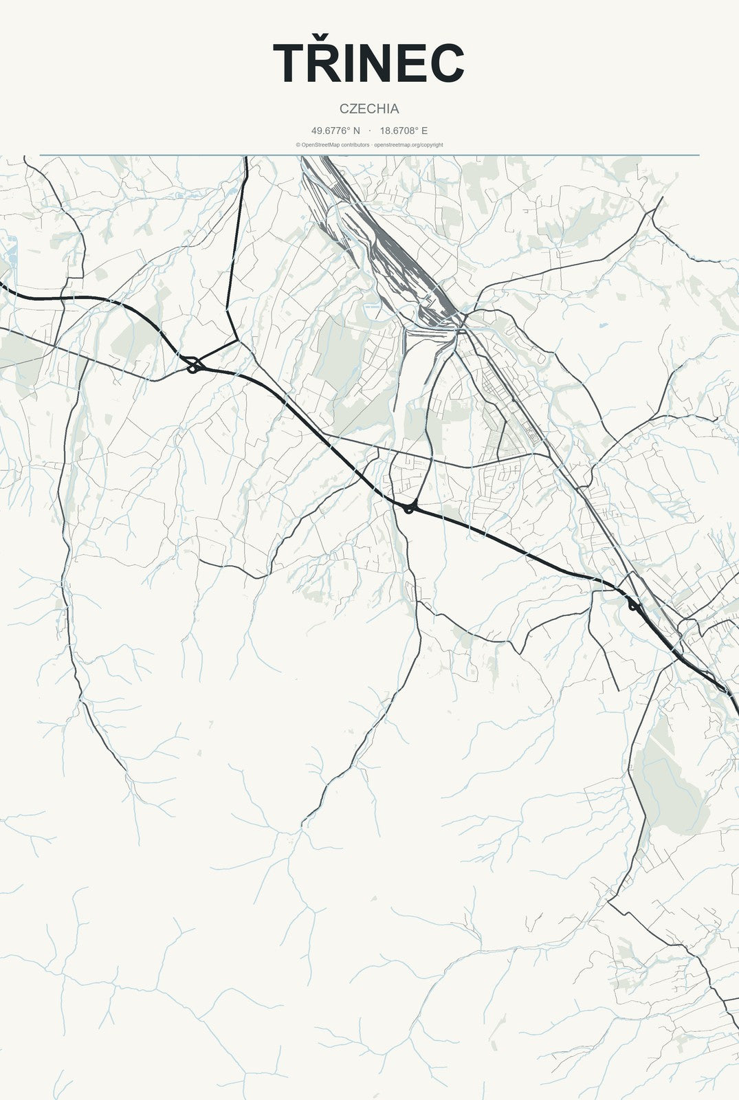 Třinec, Czechia City Map Aluminum Sign in Headline Atlas style