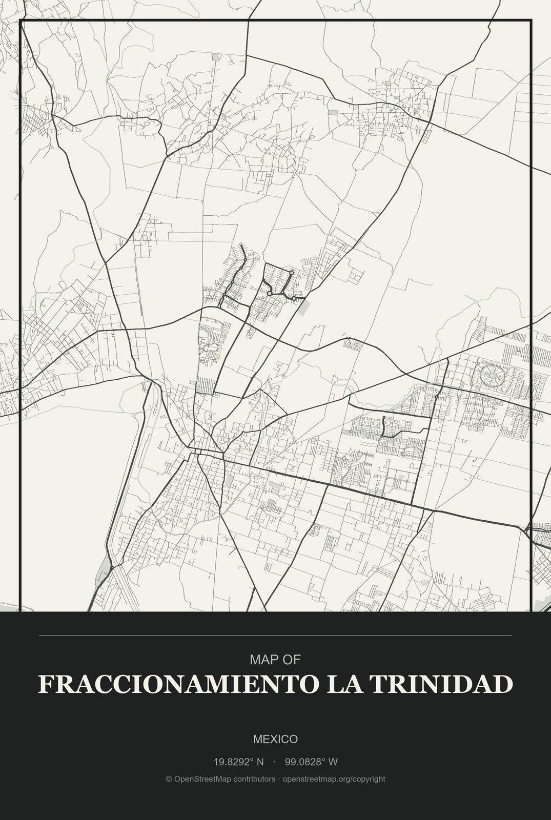 Fraccionamiento la Trinidad, Mexico City Map Aluminum Sign in Museum Plaque style