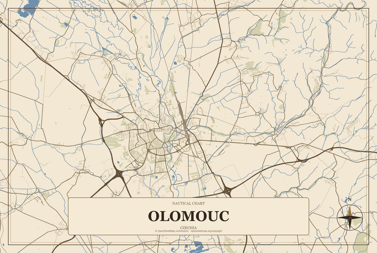Olomouc, Czechia City Map Aluminum Sign in Heritage Nautical style