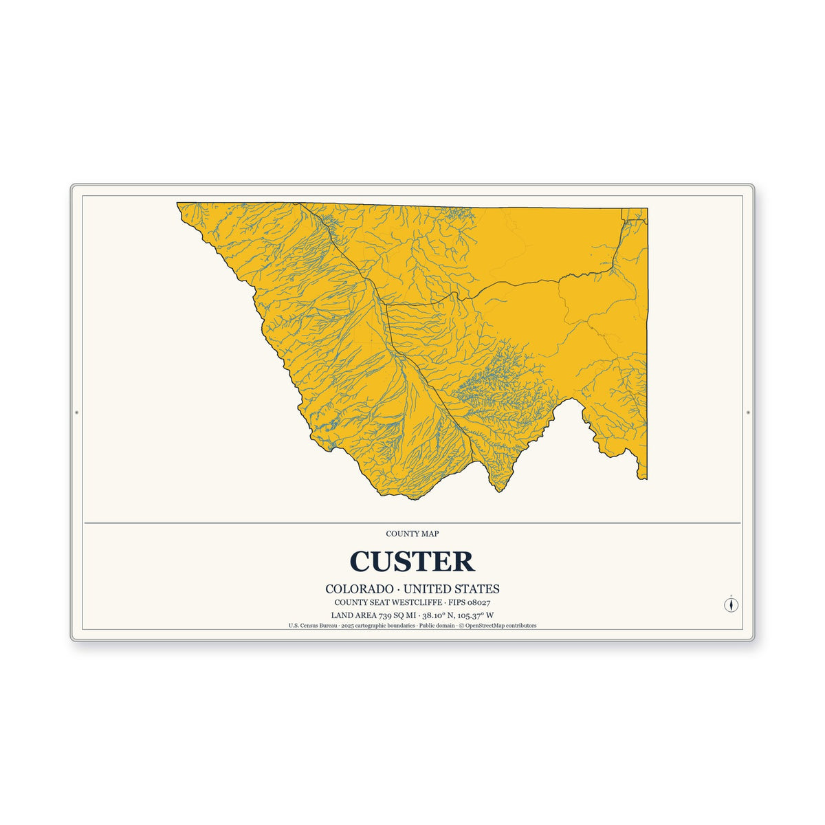 Custer County, Colorado Map Aluminum Sign in Citrine Modern style