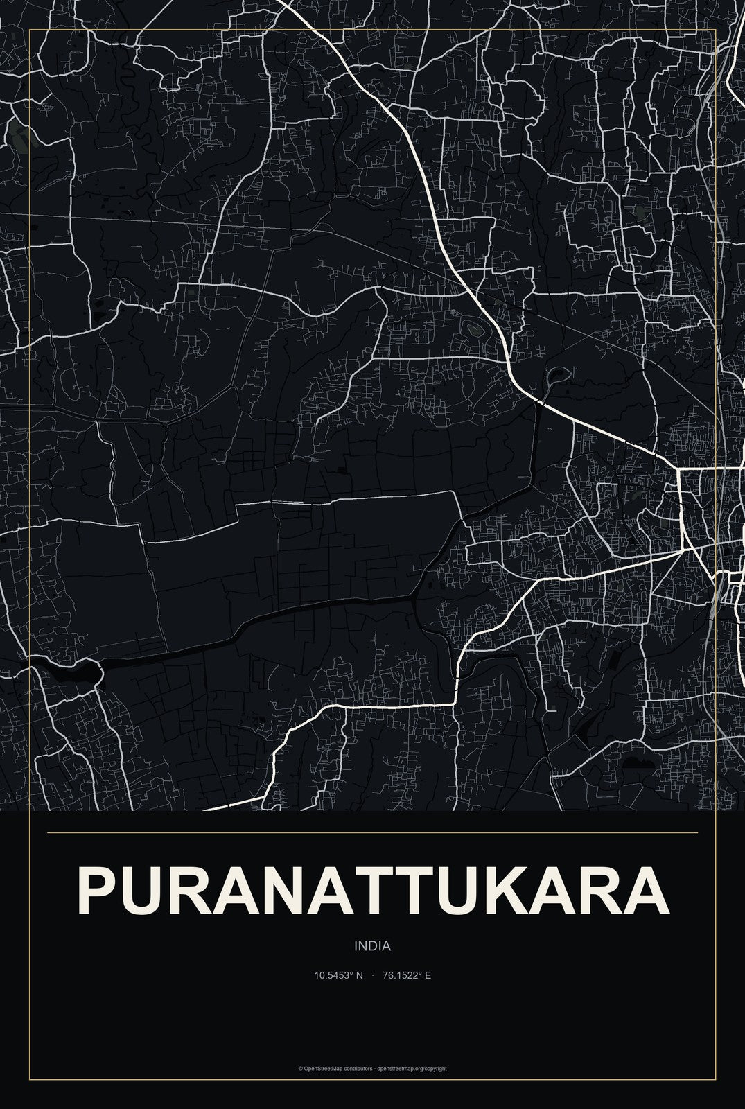 Puranattukara, India City Map Aluminum Sign in Metropolitan Noir style
