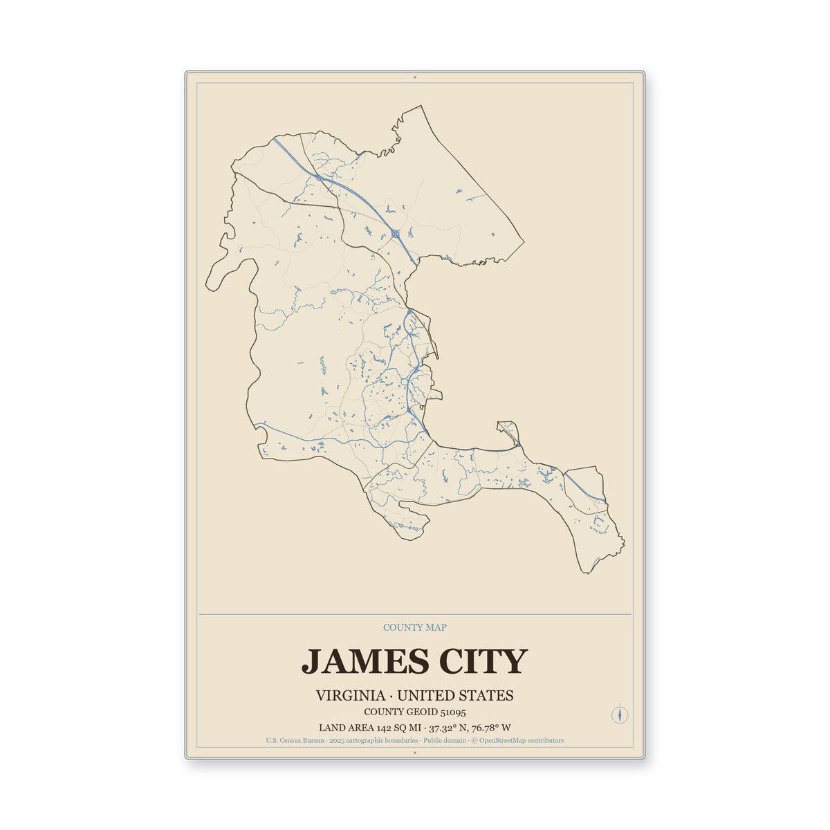 James City County, Virginia Map Aluminum Sign in Heritage Nautical style