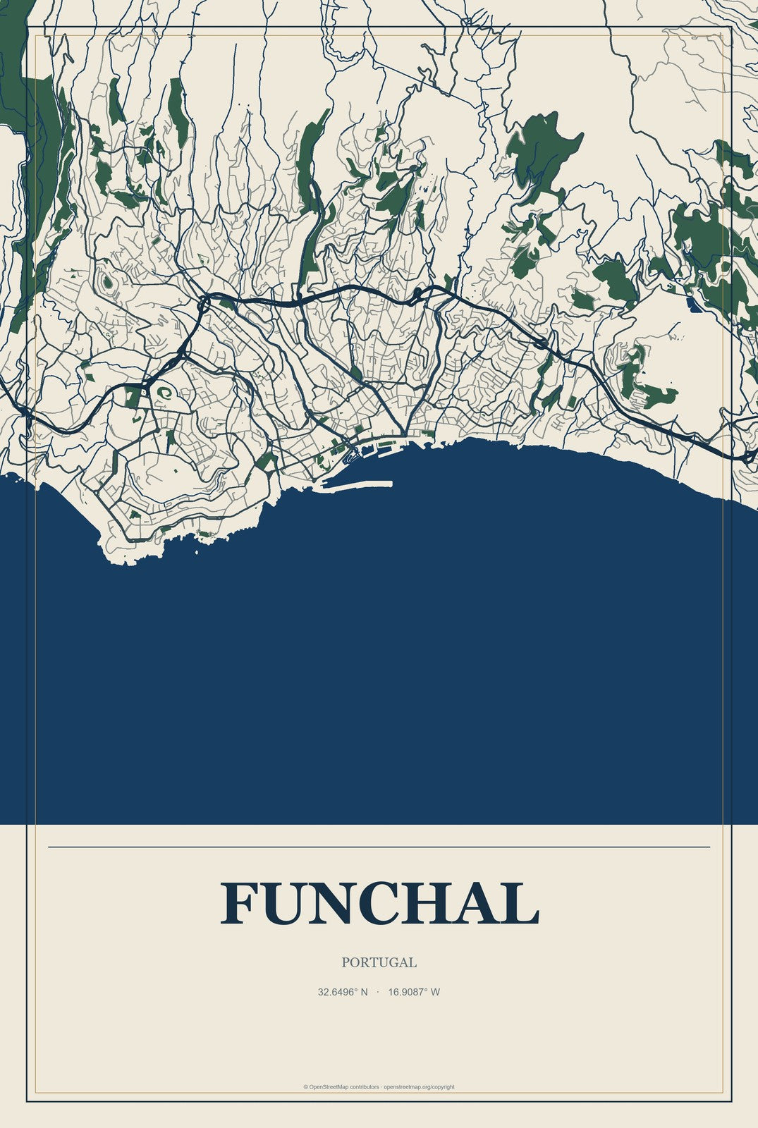 Funchal, Portugal City Map Aluminum Sign in Coastal Cutout style