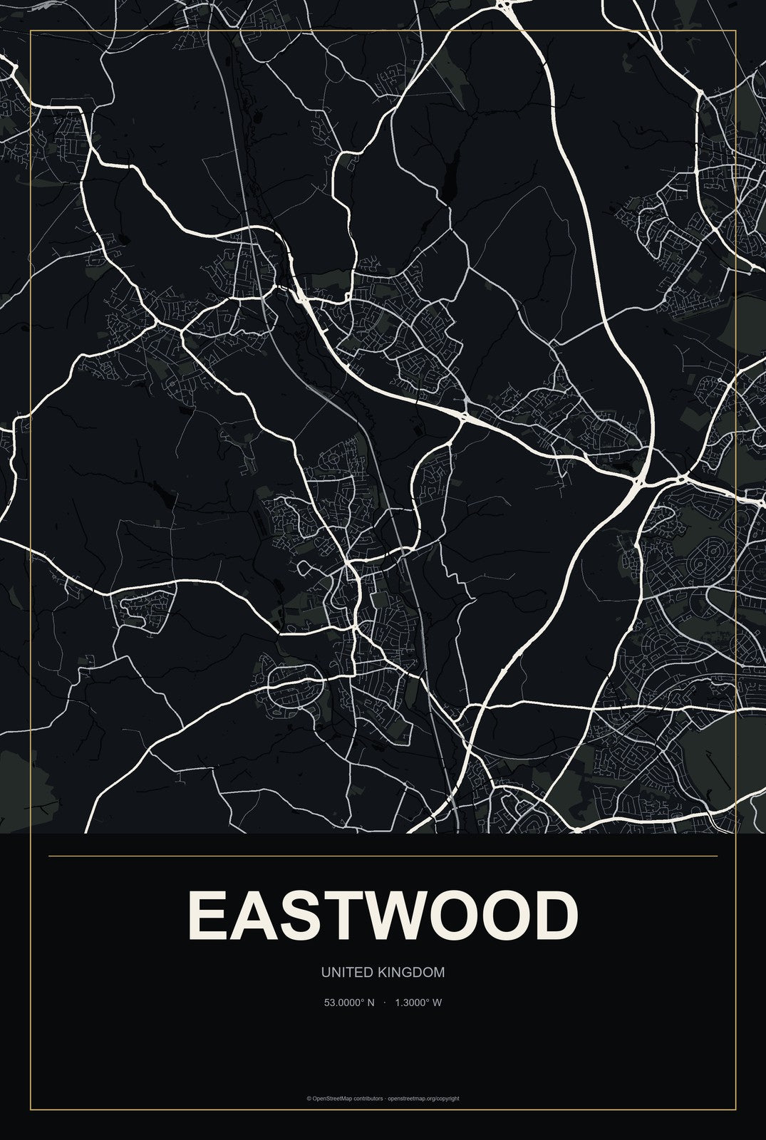 Eastwood, United Kingdom City Map Aluminum Sign in Metropolitan Noir style